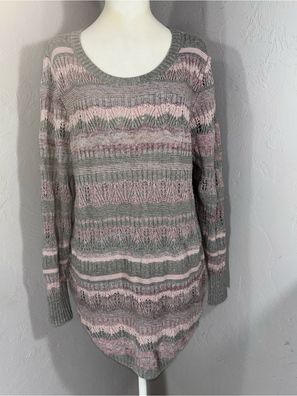 CJ Banks Pink & Gray Striped Scoop Neck Knit Sweater